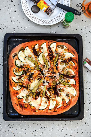 Image of Chickpea Zucchini Mushroom Pizza with Pickled Peppers