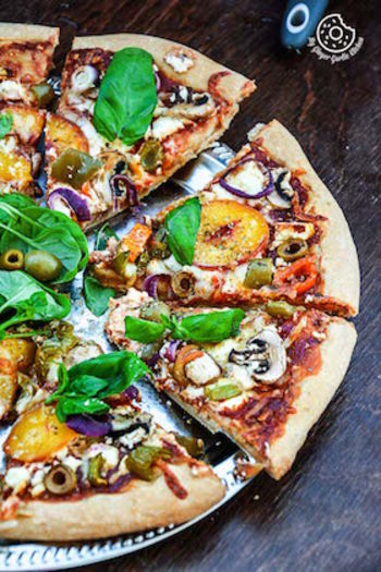 Image of Whole-wheat Peach Mushroom Pizza with Feta and Fresh Basil