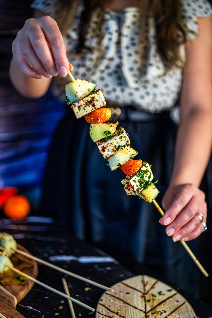 Image of Honeydew Melon Feta Skewers with Orange Mustard Vinaigrette