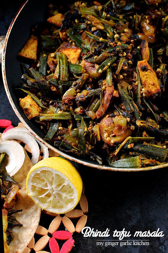 Bhindi Aloo Tofu Masala Recipe + Video (Okra Potato Tofu Stir Fry) My Ginger Garlic Kitchen