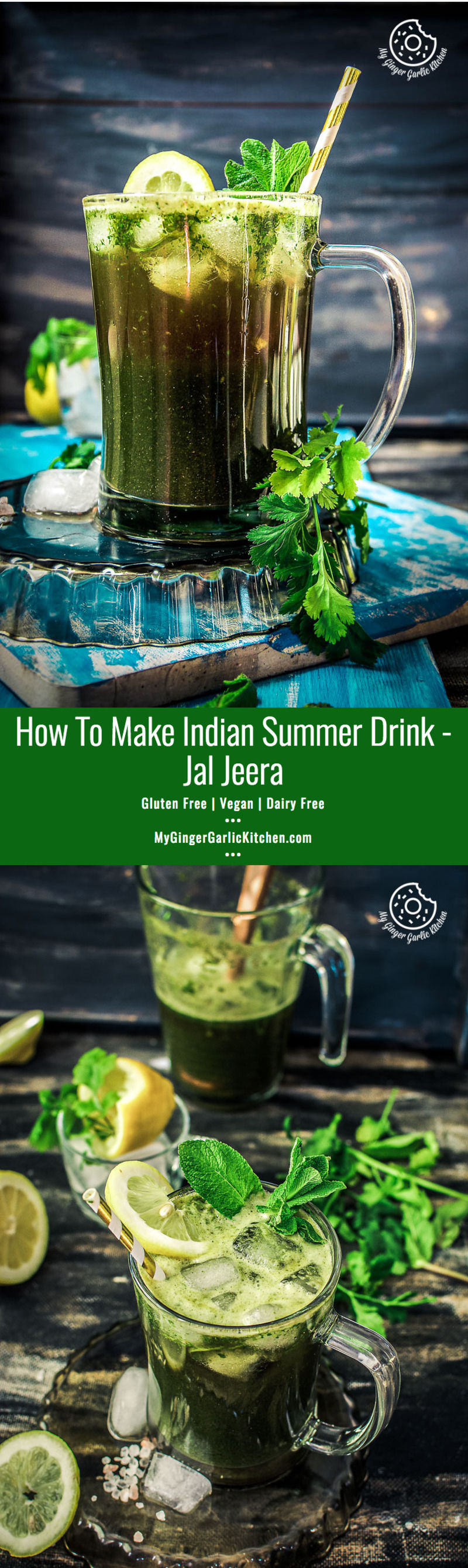 a close up of a glass of green drink jal jeera with lemons and mint