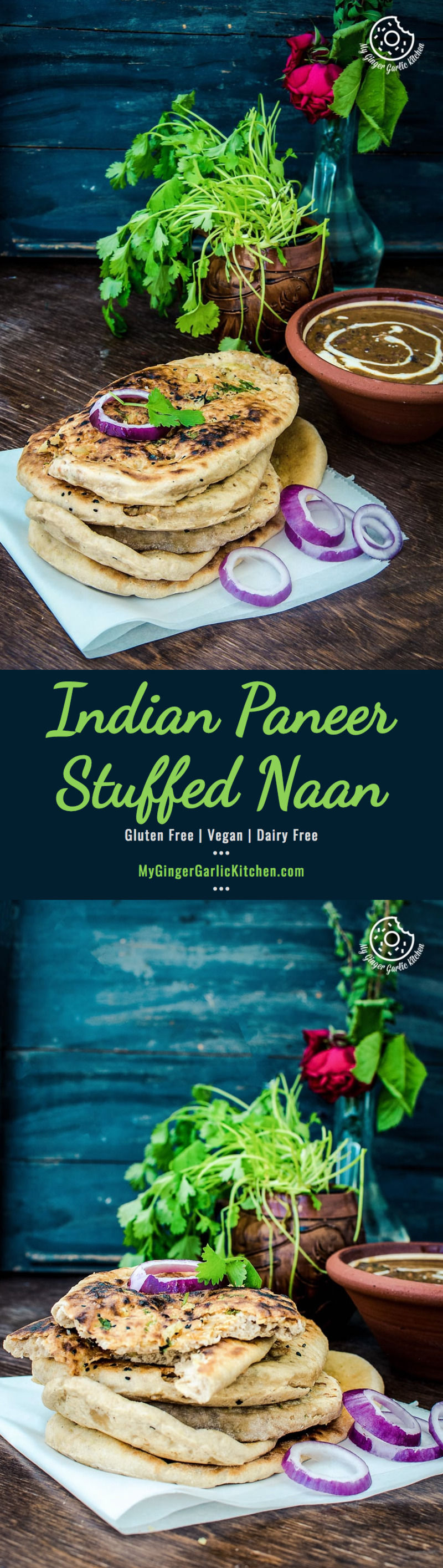 two pictures of a plate of paneer stuffed naan with a bowl of curry