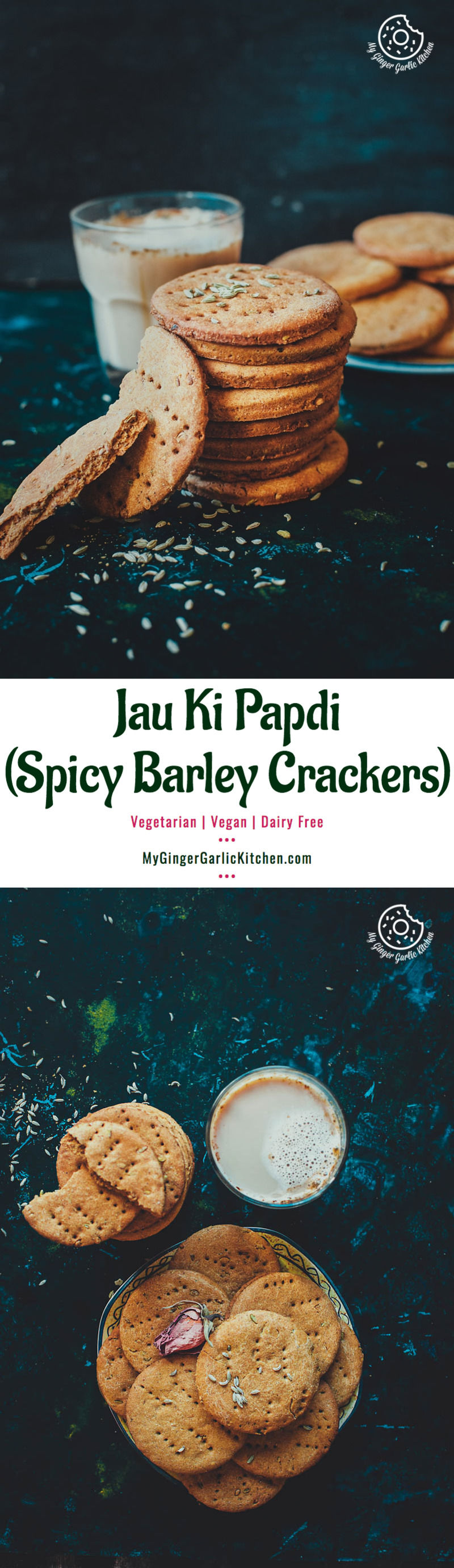 a picture collage of a plate of a plate of jau ki papdi aka spicy barley crackers and a glass of coffee