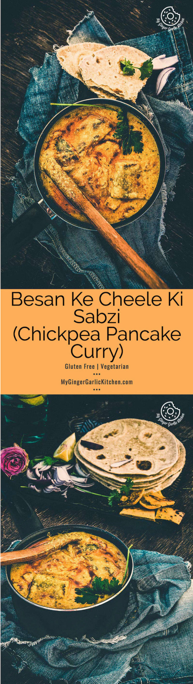 two photos of a pan of besan ke cheele ki sabzi on a table with a wooden spoon