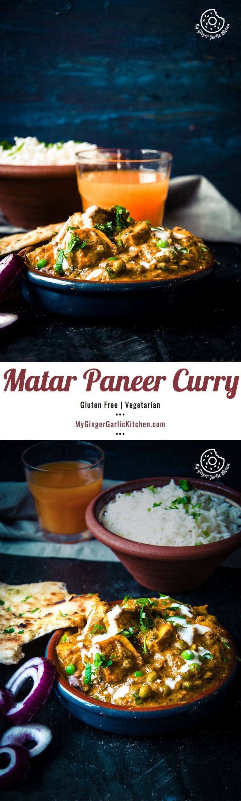 a close up of a plate of matar paneer curry with rice and vegetables