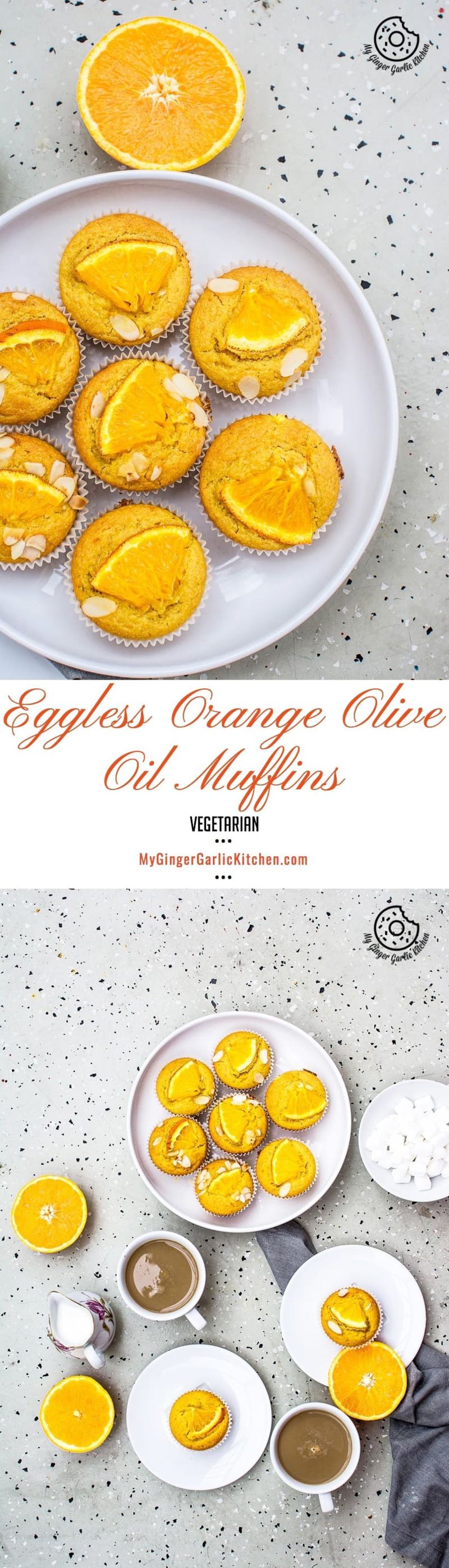 eggless orange olive oil muffins on a plate with a spoon and a plate of oranges