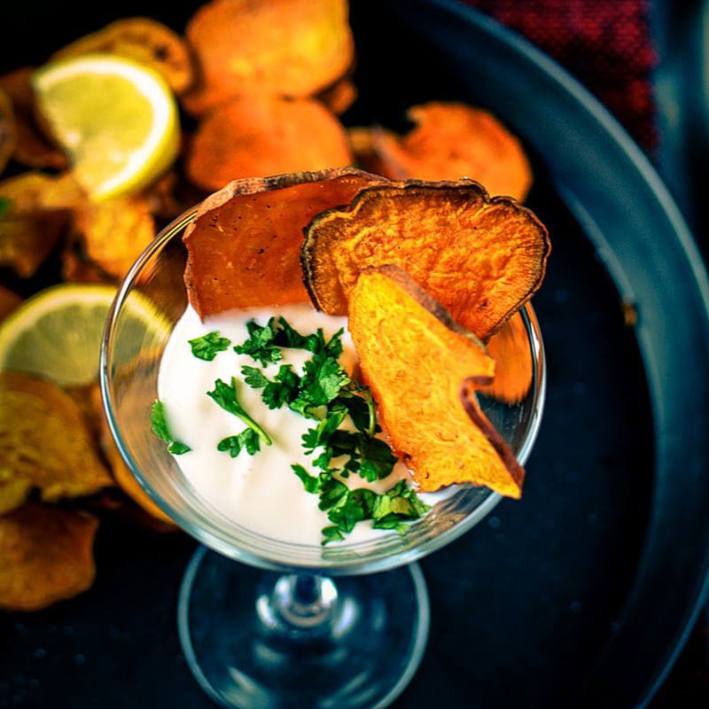 Baked Garlicky Sweet Potato Chips