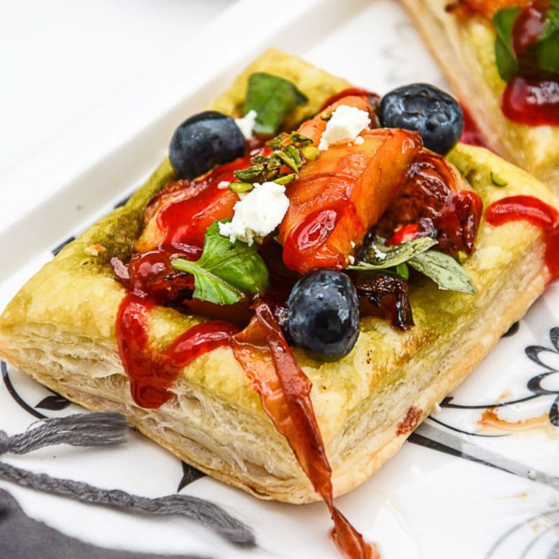 Caramelized Peach Pesto Tart with Blueberries