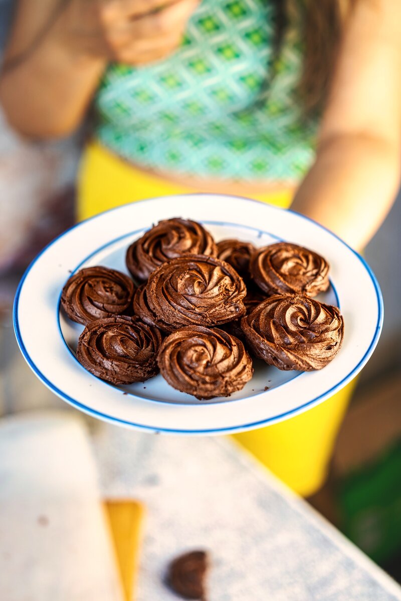 Freshly baked chocolate rosette cookies with swirled pattern on white and blue plate, delicious homemade chocolate treats for dessert table