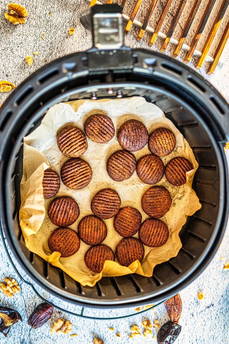 2 ingredient walnut date cookies in air fryer basket, easy healthy cookies recipe no sugar no flour