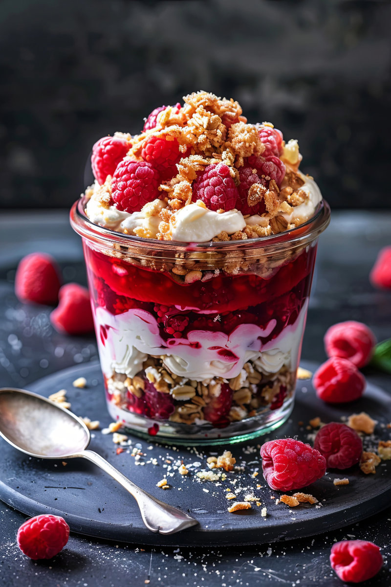 A glass jar of traditional Scottish dessert Cranachan topped with granola and fresh raspberries.