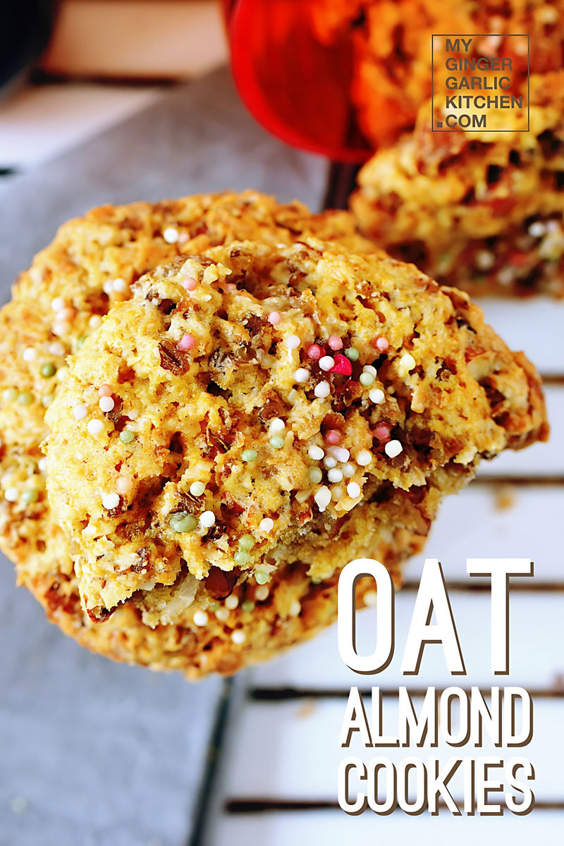 a close up of a oat almond cookies with sprinkles on it