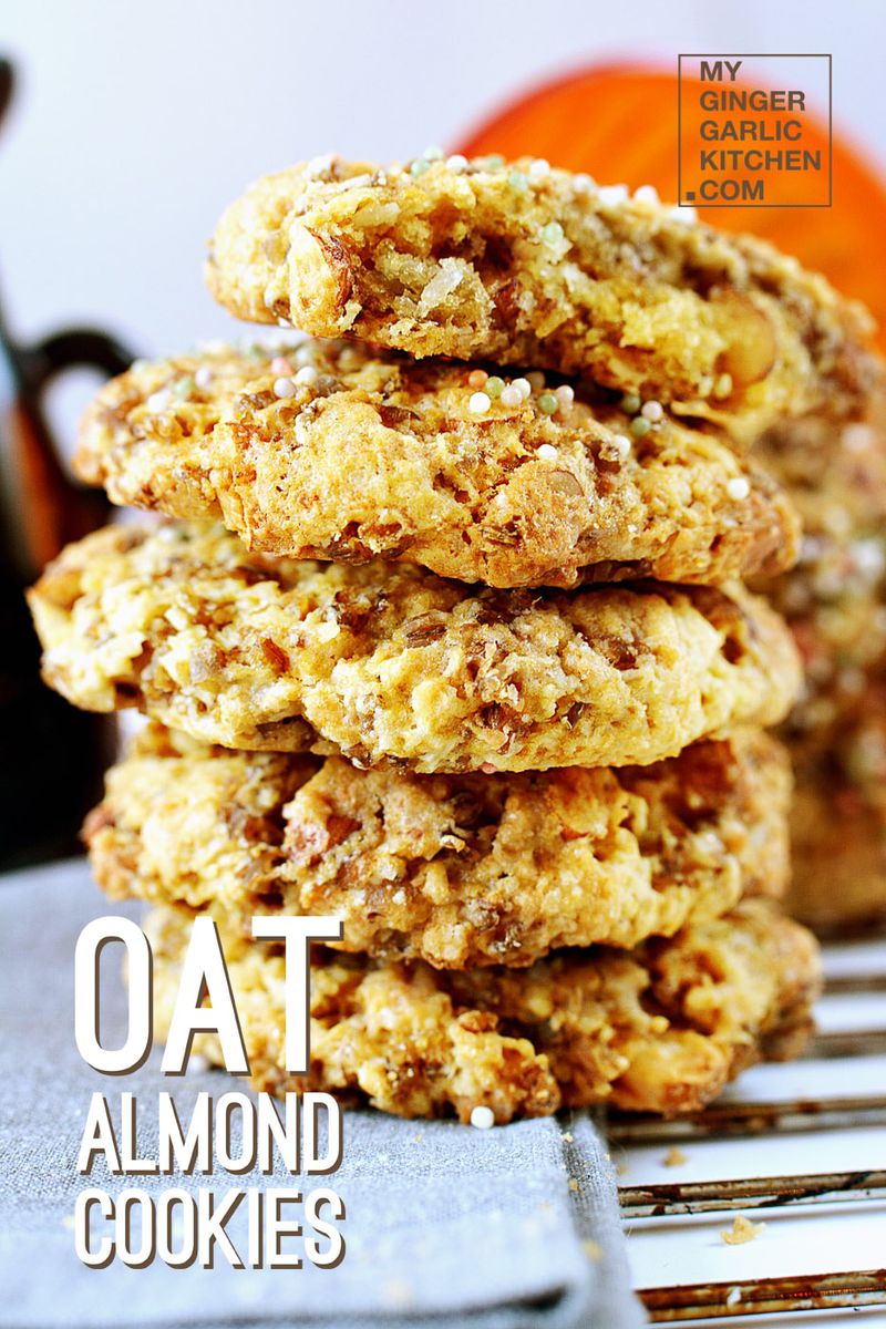a stack of oat almond cookies on a plate