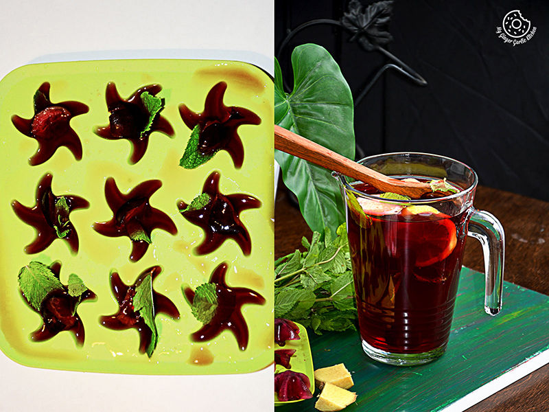 two pictures of a tray of jellys and a glass of tea