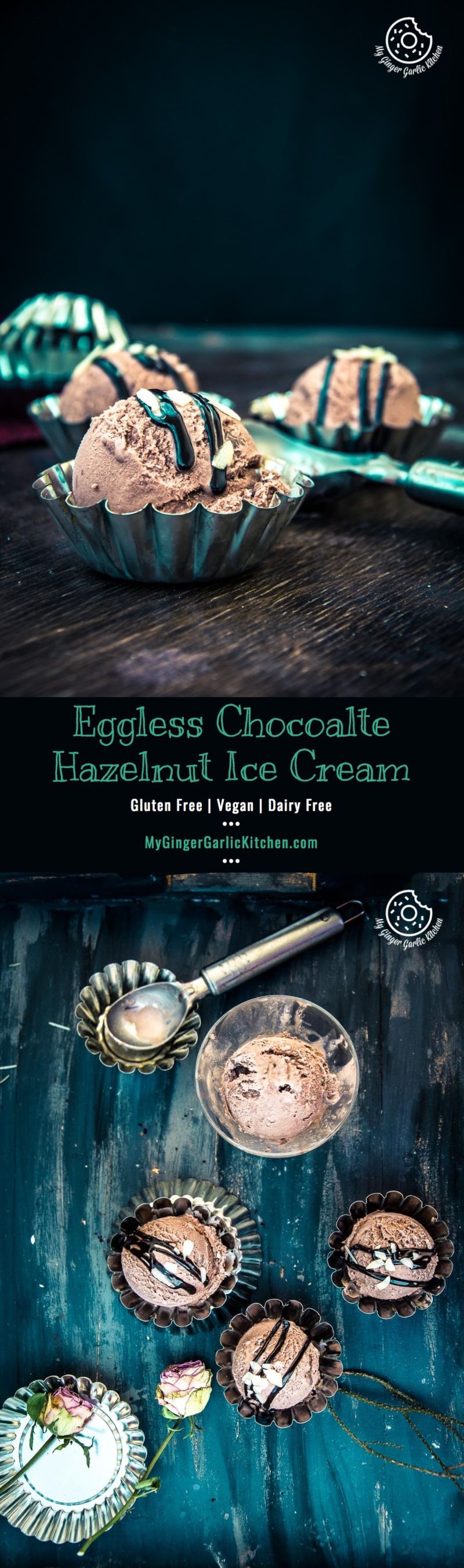 two pictures of a eggless chocolate hazelnut ice cream on a table