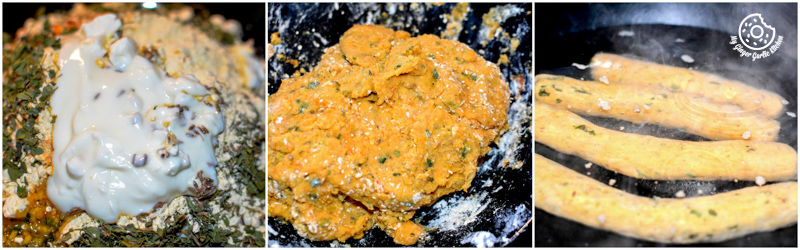 besan gatte in a pan with a lot of sauce
