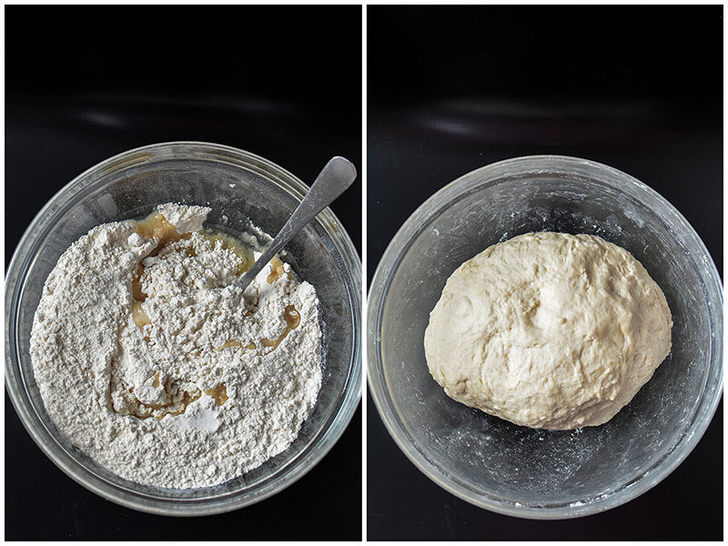 two pictures of a bowl of dough and a bowl of flour