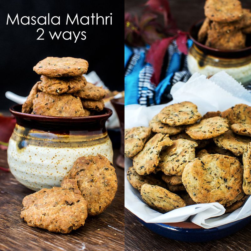 there are two pictures of a bowl of baked and deep fried masala mathris