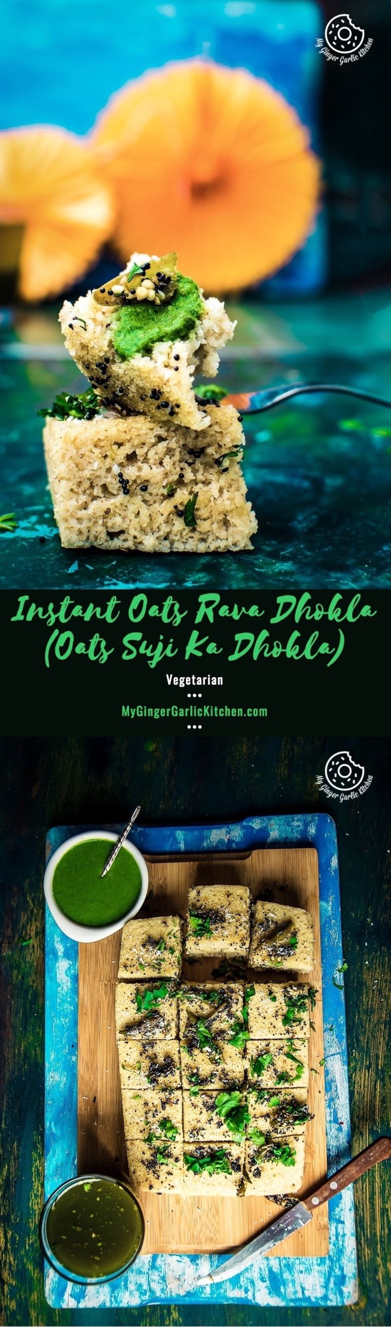a collage with two images of instant oats rava dhokla