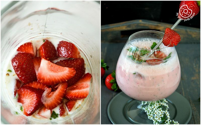 two pictures of a glass of strawberry masala chaas and a glass of strawberries