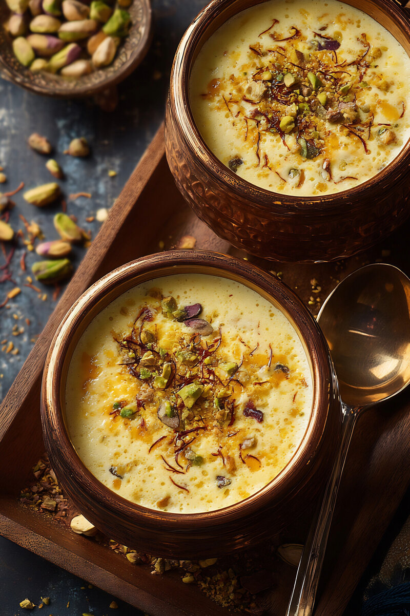 Creamy almond milk kheer served in terracotta bowl topped with sliced almonds, pistachios and rose petals - Indian rice pudding dessert recipe
