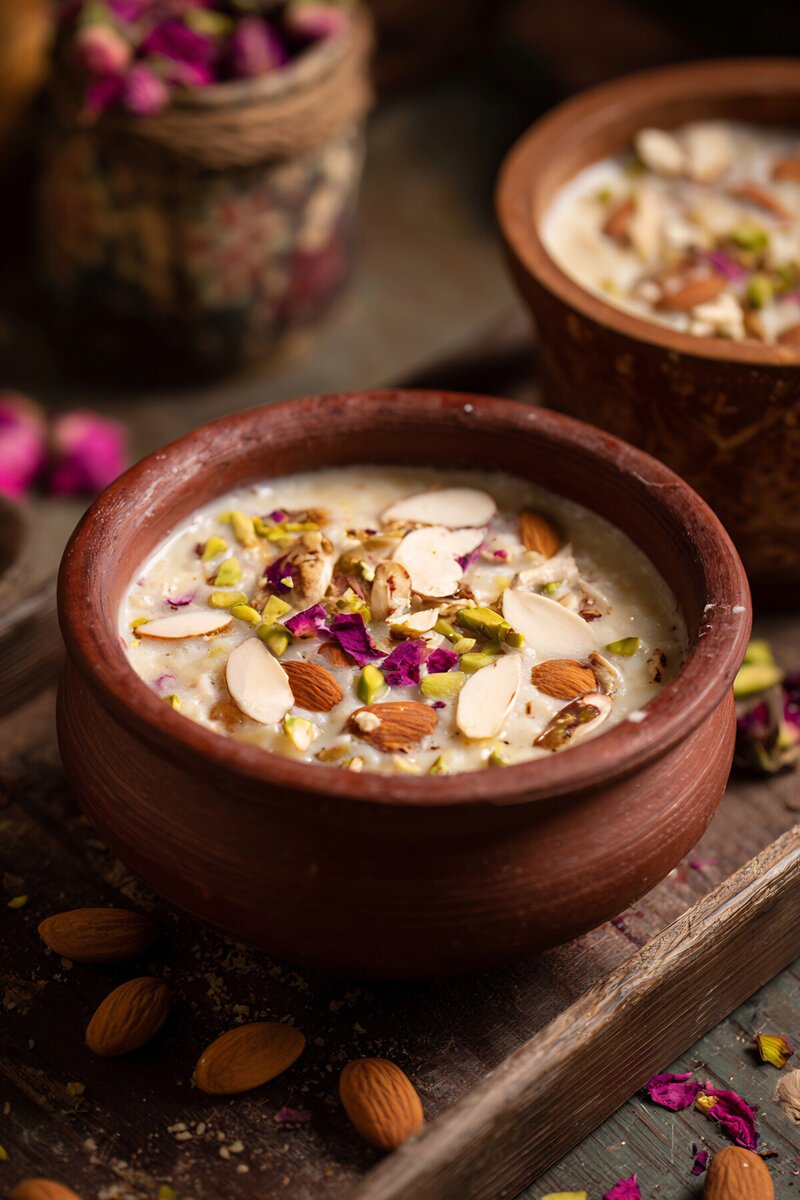 Two bowls of homemade almond milk kheer with roasted nuts and green pistachio garnish on dark background - traditional Indian pudding dessert