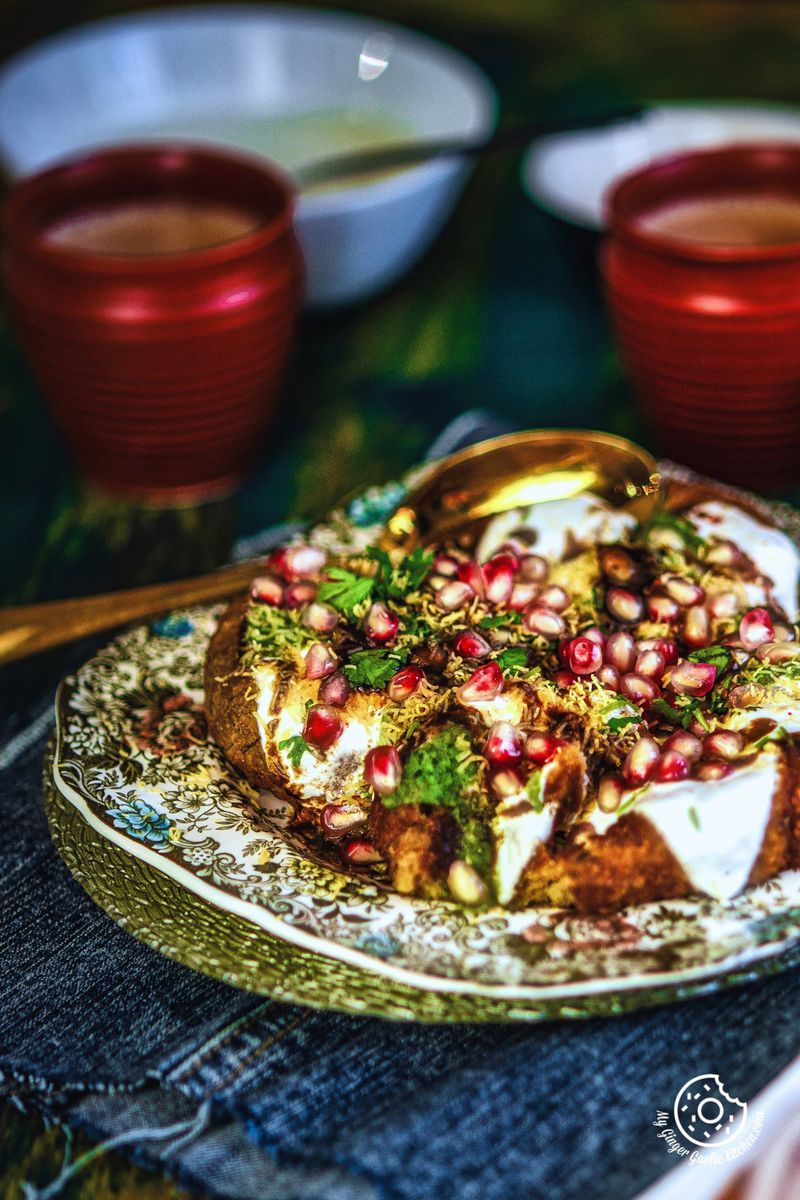 aloo tikki chaat served in floral plate