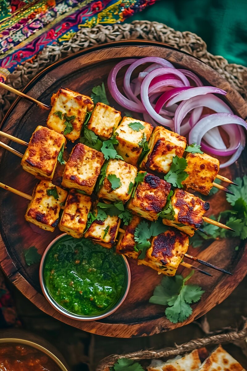 Grilled balsamic paneer tikka skewers with cilantro, onion rings, and green chutney, Indian vegetarian appetizer.