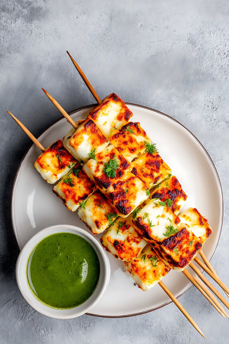 Charred paneer tikka skewers with green chutney on a white plate, easy Indian BBQ starter.