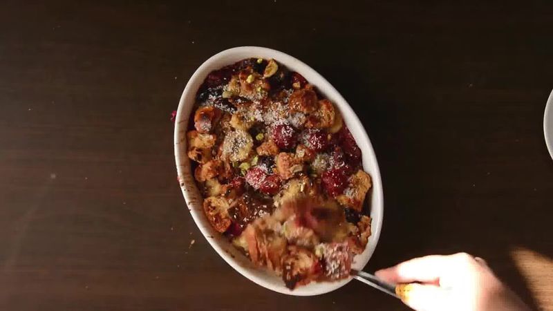 Image of the recipe cooking step-1-9 for Banana Strawberry Bread Pudding (Video)