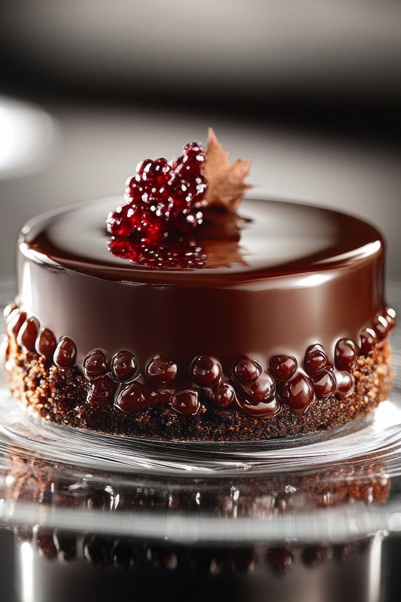 Chocolate bento cake with chocolate ganache and berry garnish