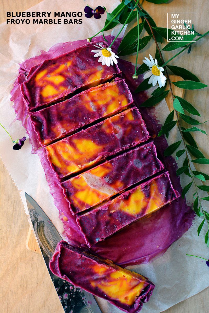 blueberry mango froyo marble bars on a table with flowers