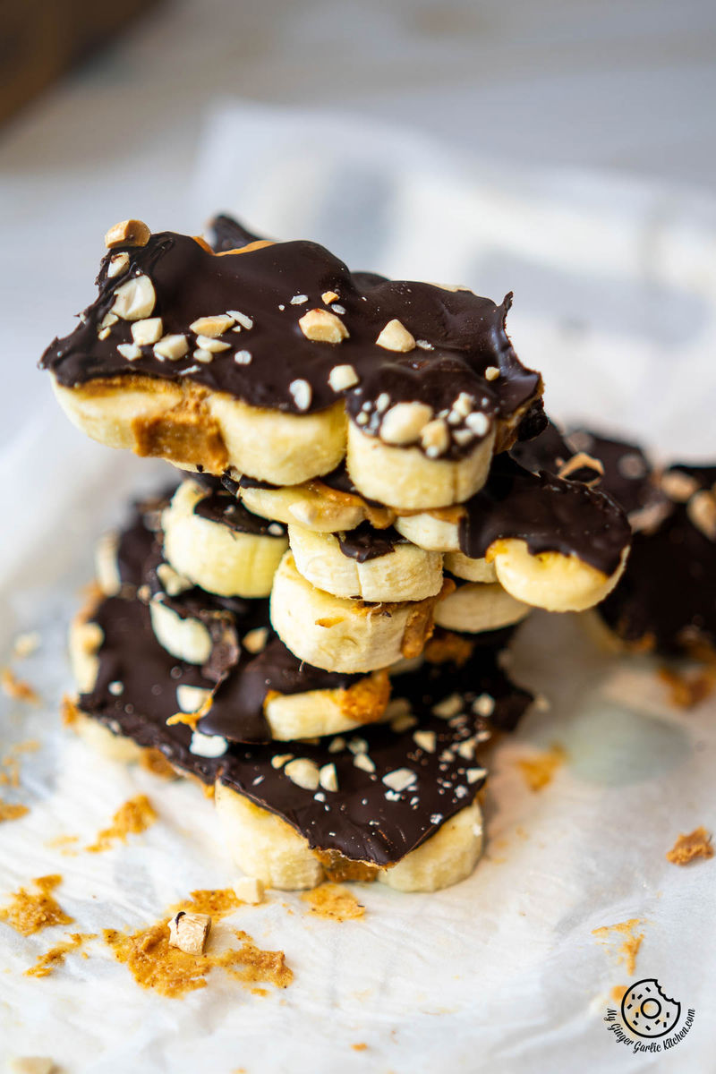 a stack of chocolate banana bark pieces on top of a piece of paper