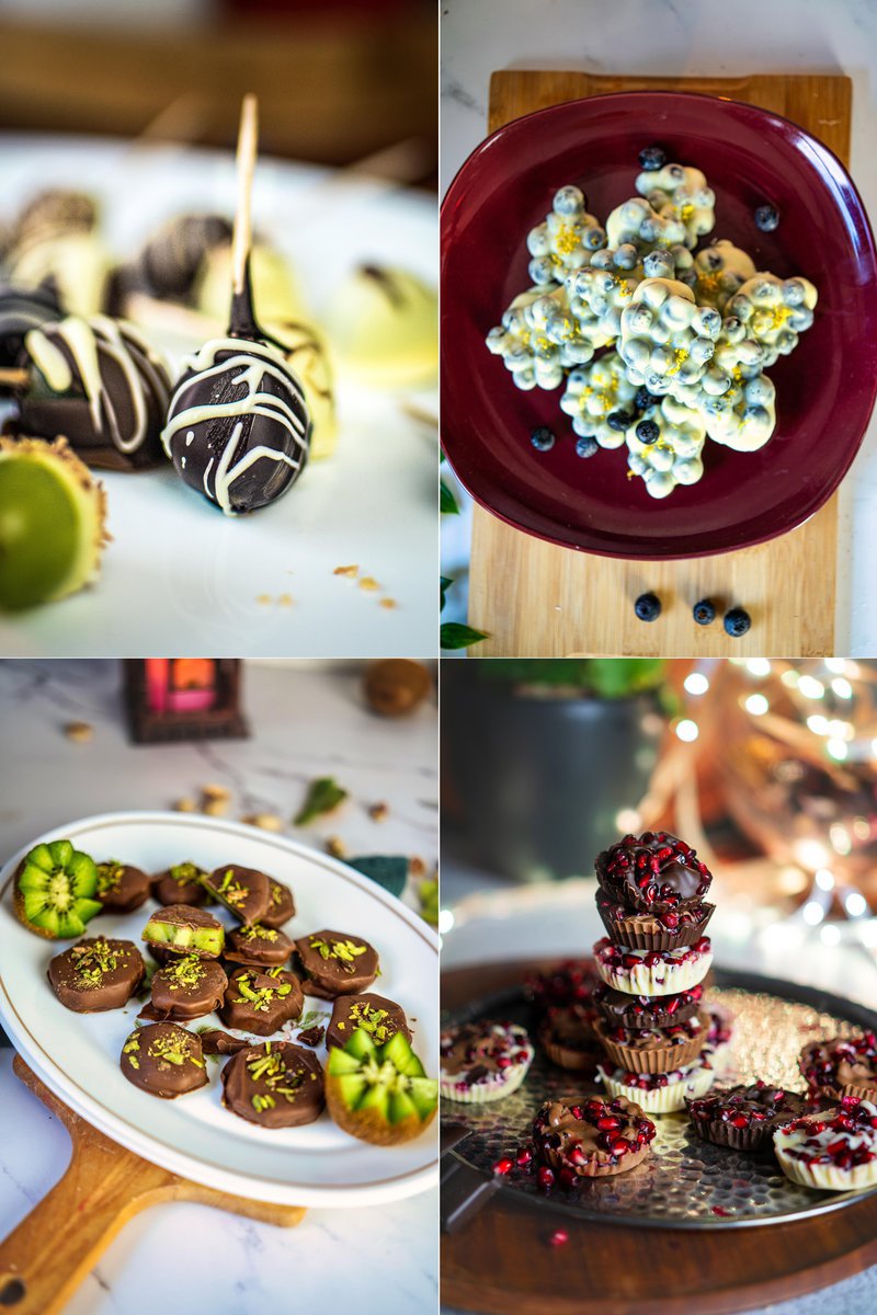 a collage of four chocolate covered fruits