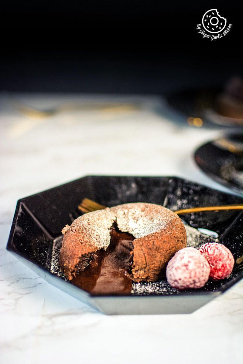 chocolate lava cake served in a black plate