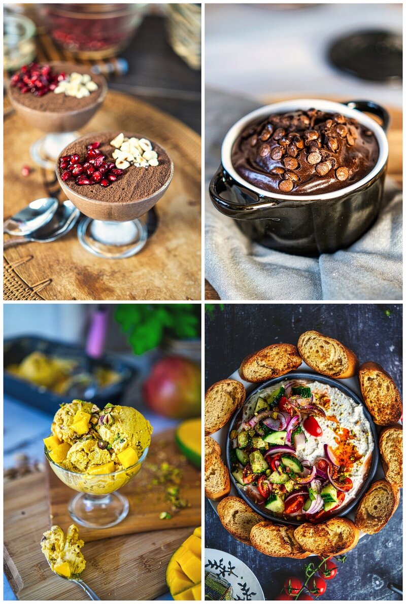 Four vibrant, fresh salads displayed; top left features a bean and vegetable mix, top right shows a Greek salad, bottom left a pasta salad, and bottom right a watermelon and feta salad.