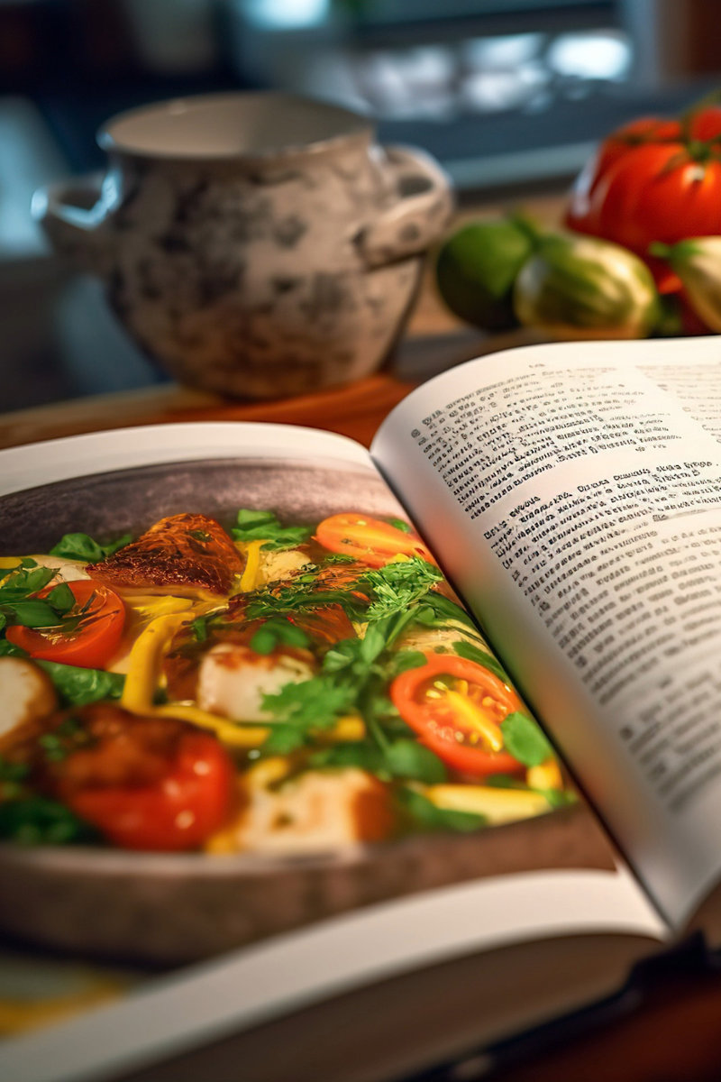 Close-up of an open recipe book showing a colorful dish, surrounded by fresh tomatoes and limes, with a teapot in the background.
