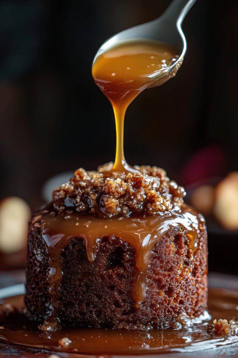 	Sticky toffee pudding with rich caramel sauce being poured on top.