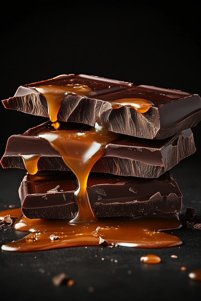 Dark chocolate bars stacked with gooey caramel sauce oozing out.