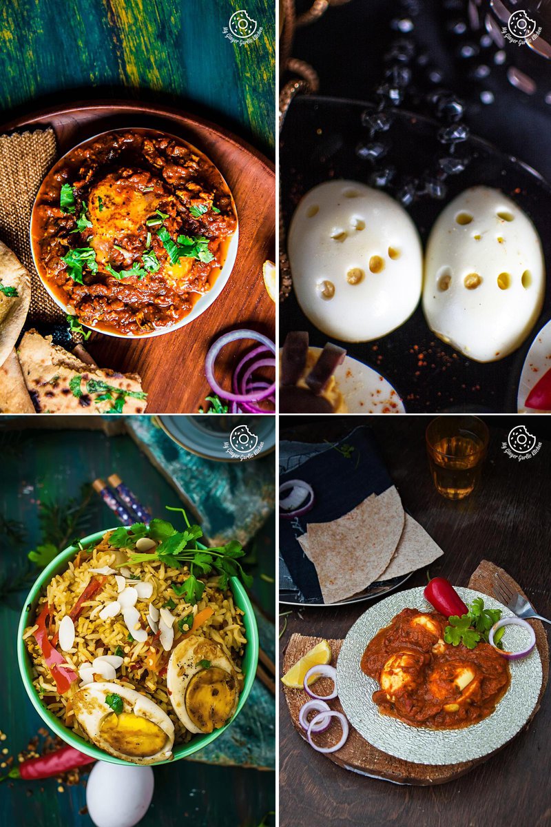 A variety of egg dishes including a spicy egg curry and boiled eggs garnished with spices.