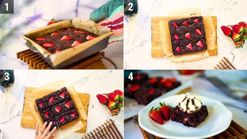 Image of the recipe cooking step-1-8 for Eggless Strawberry Brownies