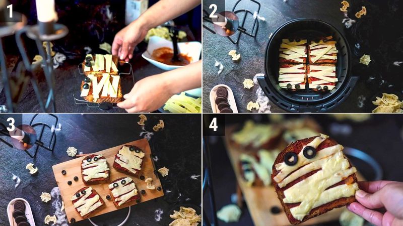 Image of the recipe cooking step-1-3 for Halloween Mummy Pizza Toast