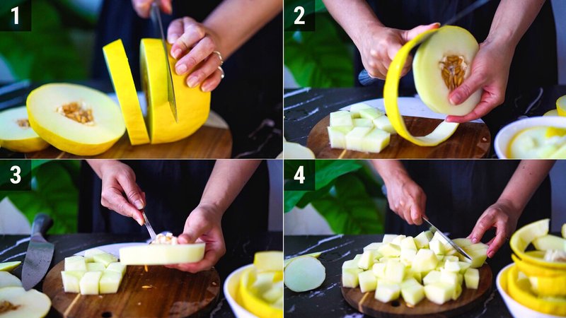 Image of the recipe cooking step-1-1 for Honeydew Melon Feta Skewers with Orange Mustard Vinaigrette