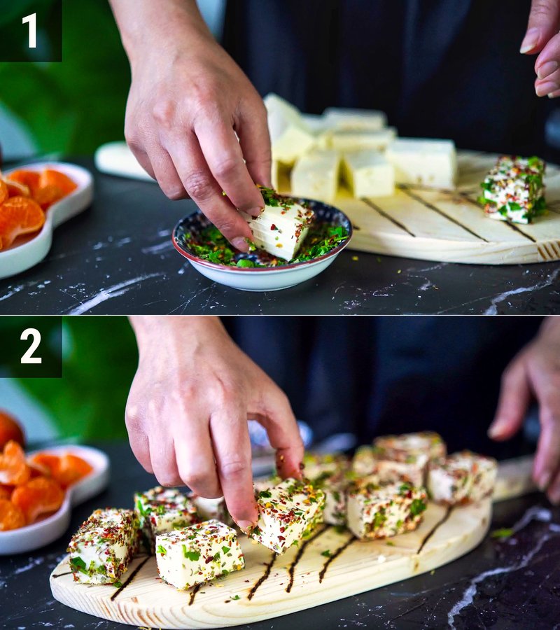 Image of the recipe cooking step-1-5 for Honeydew Melon Feta Skewers with Orange Mustard Vinaigrette