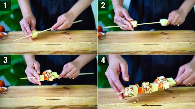 Image of the recipe cooking step-1-7 for Honeydew Melon Feta Skewers with Orange Mustard Vinaigrette