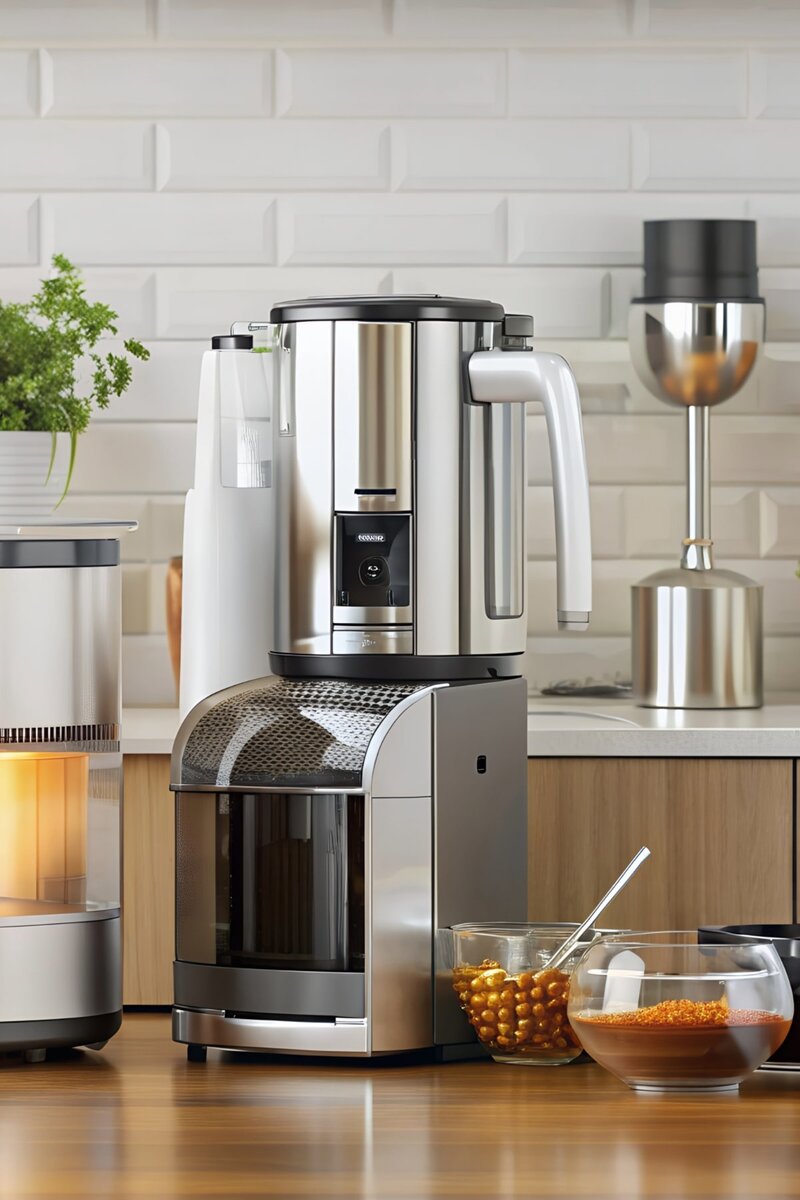 Modern stainless steel kitchen appliances on a countertop, including a coffee maker and a food processor, with bowls of chickpeas and spices in the foreground.