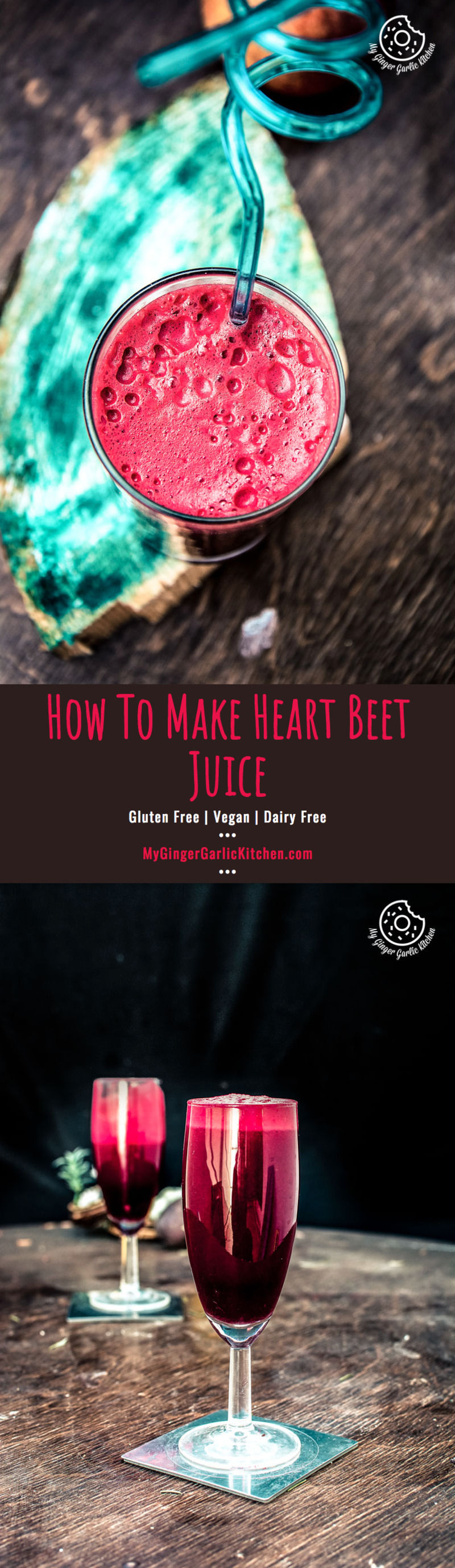 two glasses of detox heart beet juice on a wooden table