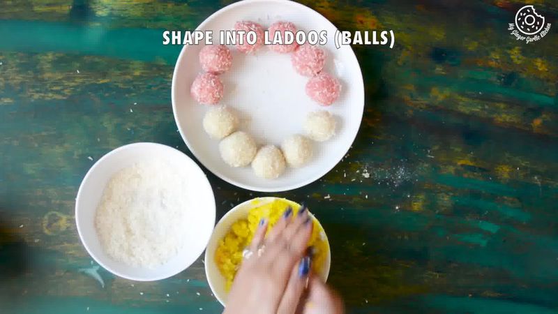 Image of the recipe cooking step-2-4 for Instant Coconut Ladoo Recipe (Rose, Saffron, Cardamom)