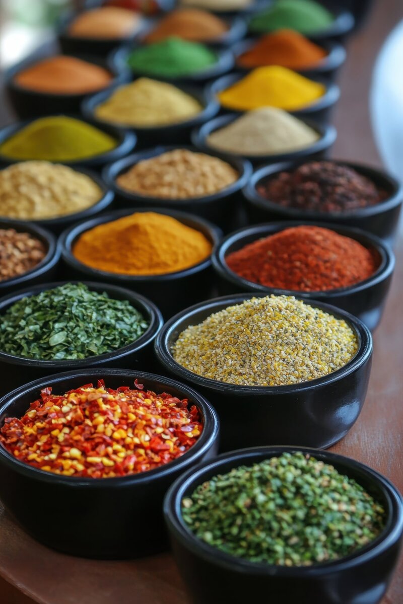 Vibrant assortment of culinary spices in black bowls including turmeric, paprika, dried herbs, chili flakes, curry powder and mixed seasonings for global cuisine and gourmet cooking