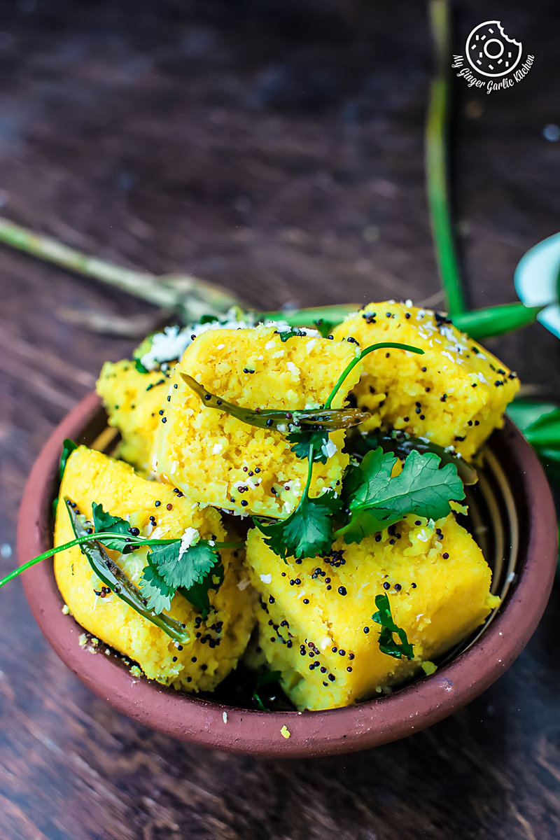 a bowl of soft and spongy khaman dhokla topped with tempering and fresh cilantro